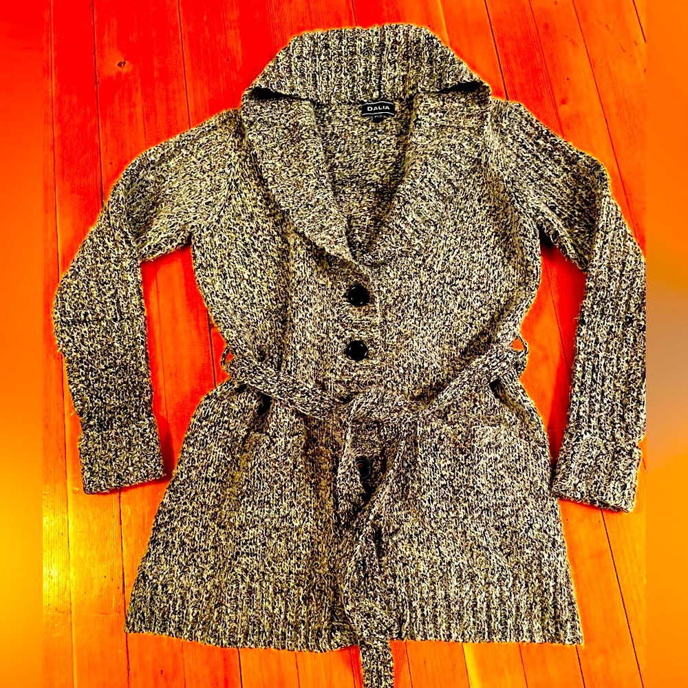 Dalia Cardigan Sweater Marbled Black & White Belted Button Size S